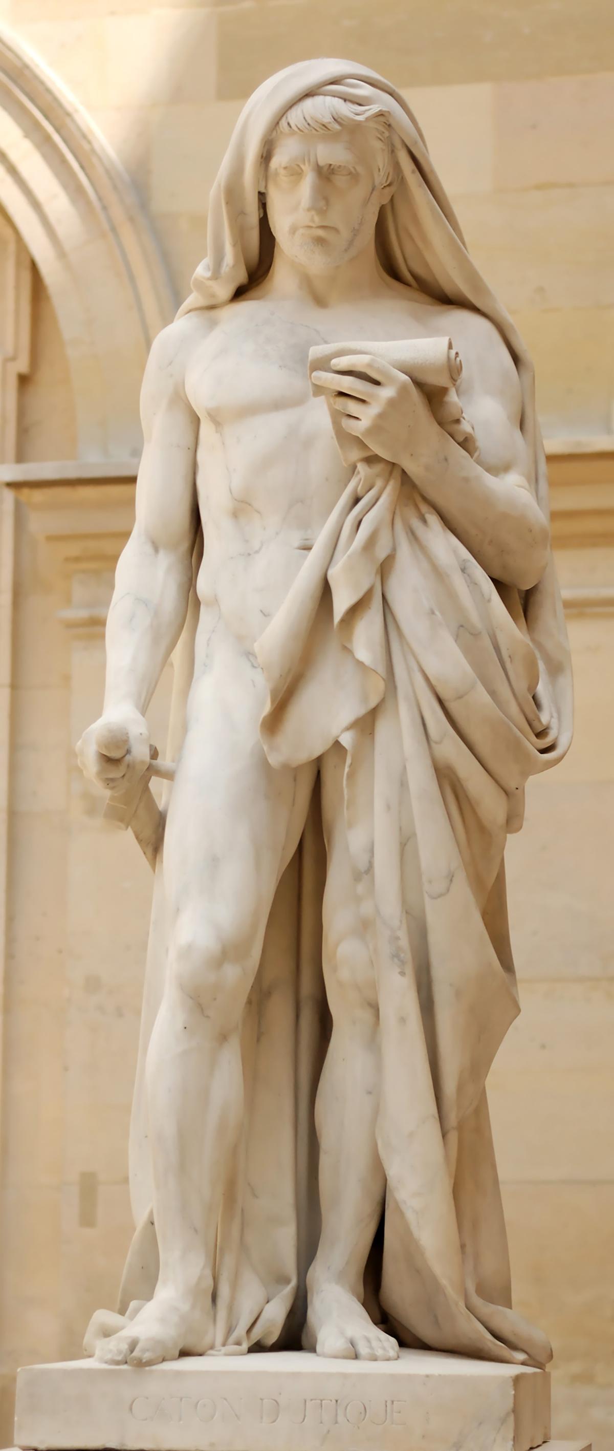 Statue of Cato reading the “Phaedo” (Plato’s dialogue recounting the last hours of Socrates's life) before committing suicide, 1840, by Jean-Baptiste Roman and François Rude. Carrara marble. Louvre Museum, Paris. (Public Domain)