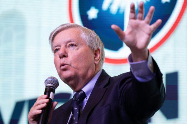 Sen. Lindsey Graham (R-S.C.) speaks during the Vision 2024 National Conservative Forum at the Charleston Area Convention Center in Charleston, South Carolina, on March 18, 2023. (Logan Cyrus/AFP via Getty Images)