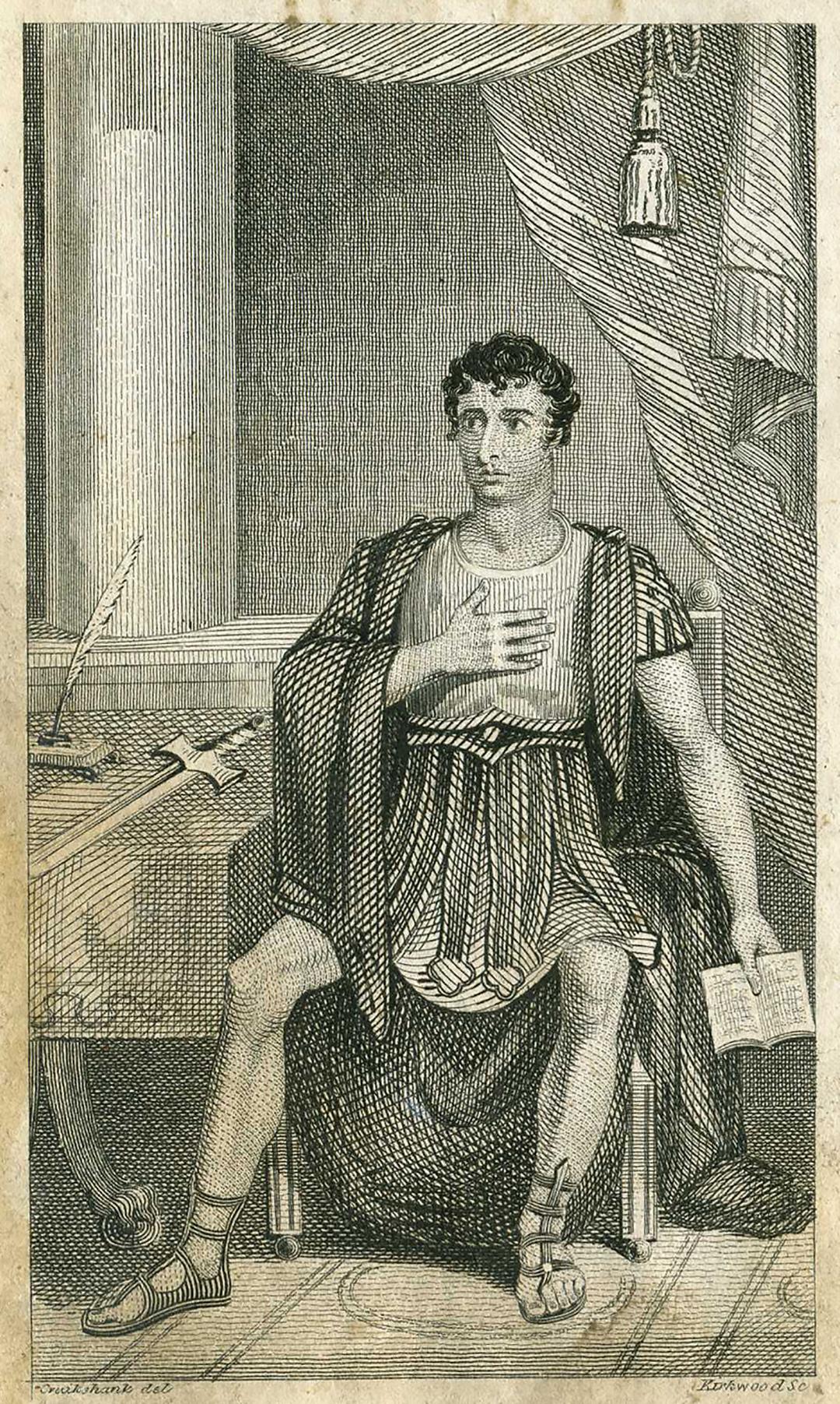John Kemble as Cato in Joseph Addison's “Cato: A Tragedy.” Drawing by George Cruikshank and engraved by Kirkwood in 1822. (Public Domain)