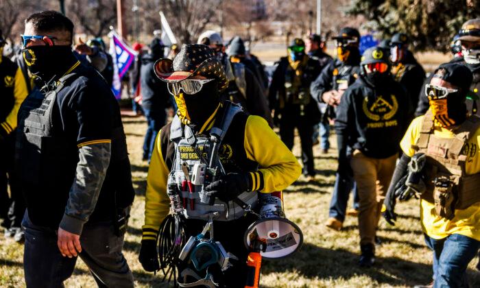 Members of the Proud Boys during a protest against the election outside the Colorado State Capitol on Jan. 6, 2021. (Michael Ciaglo/Getty Images)