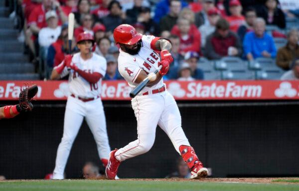 Luis Rengifo (2) of the Los Angeles Angels hits a two run base hit against starting pitcher Patrick Corbin (46) of the Washington Nationals during the first inning at Angel Stadium of Anaheim in Anaheim, Calif., on April 10, 2023. (Kevork Djansezian/Getty Images)
