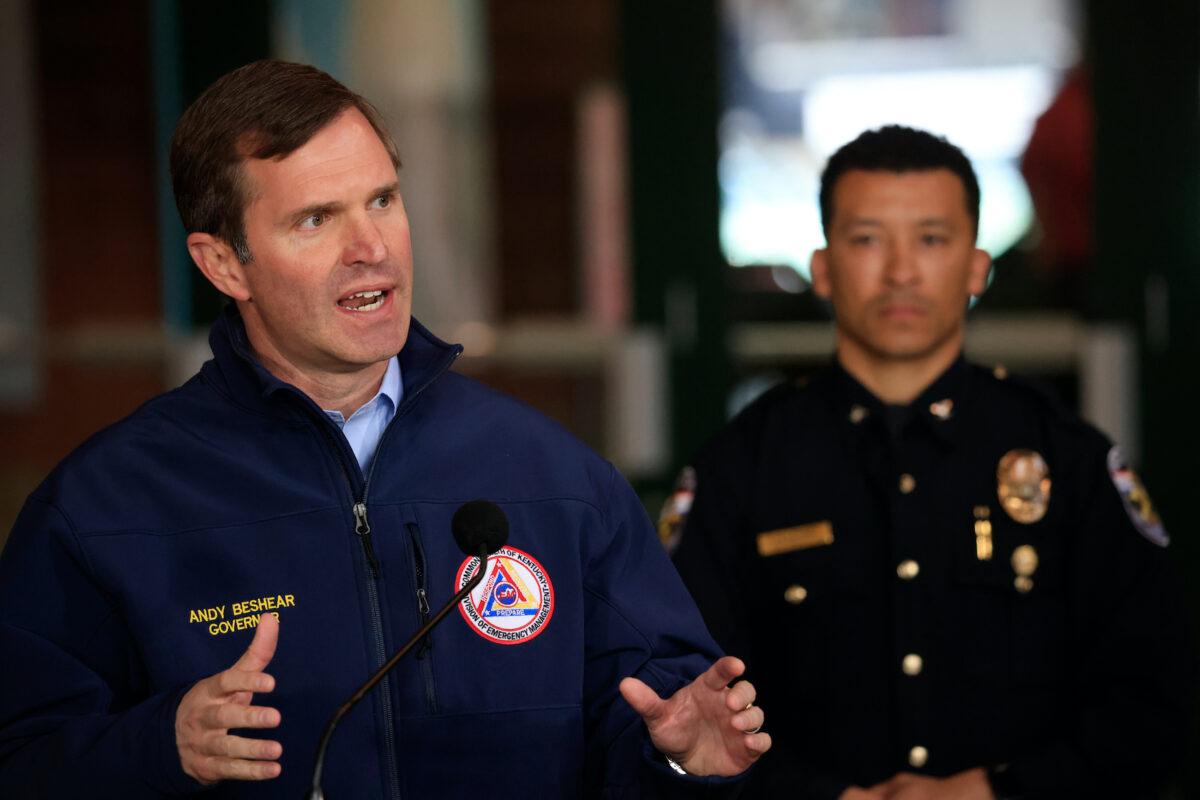 Andy Beshear, governor of Kentucky, speaks during a news conference after a gunman opened fire at the Old National Bank building in Louisville, on April 10, 2023. (Luke Sharrett/Getty Images)