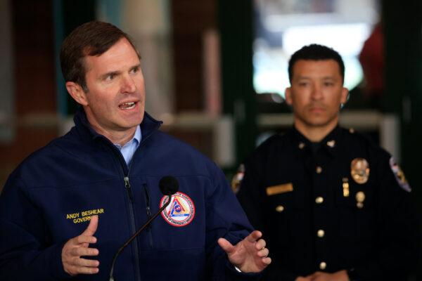 Andy Beshear, governor of Kentucky, speaks during a news conference after a gunman opened fire at the Old National Bank building in Louisville, Ky., on April 10, 2023. (Luke Sharrett/Getty Images)