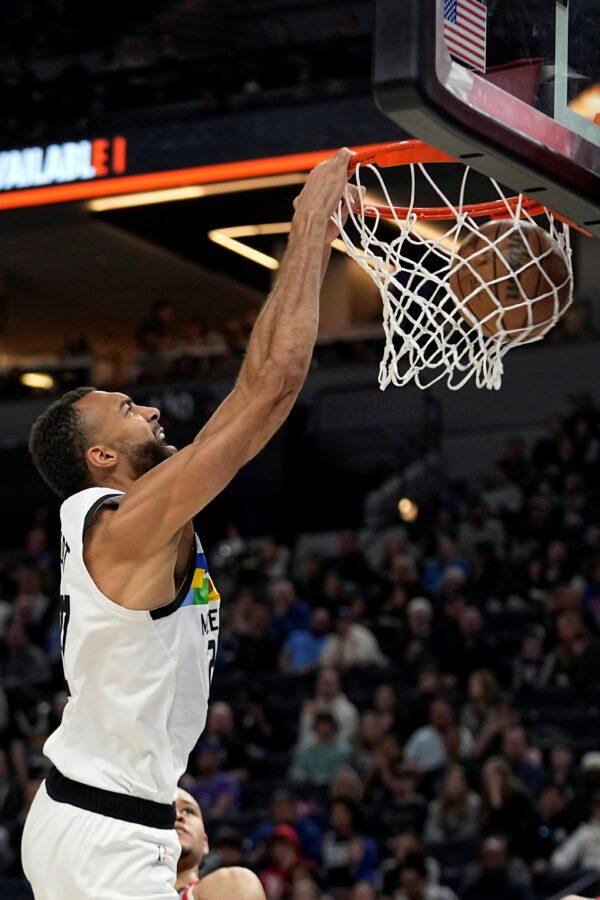 Minnesota Timberwolves center Rudy Gobert dunks during the first half of an NBA basketball game against the Portland Trail Blazers in Minneapolis on April 2, 2023. (Abbie Parr/AP Photo)