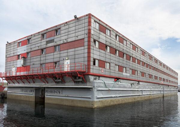 An undated image of the Bibby Stockholm accommodation barge, a 222-bedroom, three-storey vessel, which the Home Office plans to use to house 500 illegal immigrants off Portland, Dorset, England. (Bibby Marine/PA)