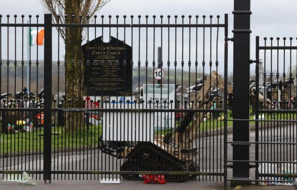 Army Technical Officers operate a remote bomb disposal robot to check for devices at Derry City Cemetery on April 11, 2023, following a dissident Republican parade in the Creggan area of Londonderry on Easter Monday. (PA)