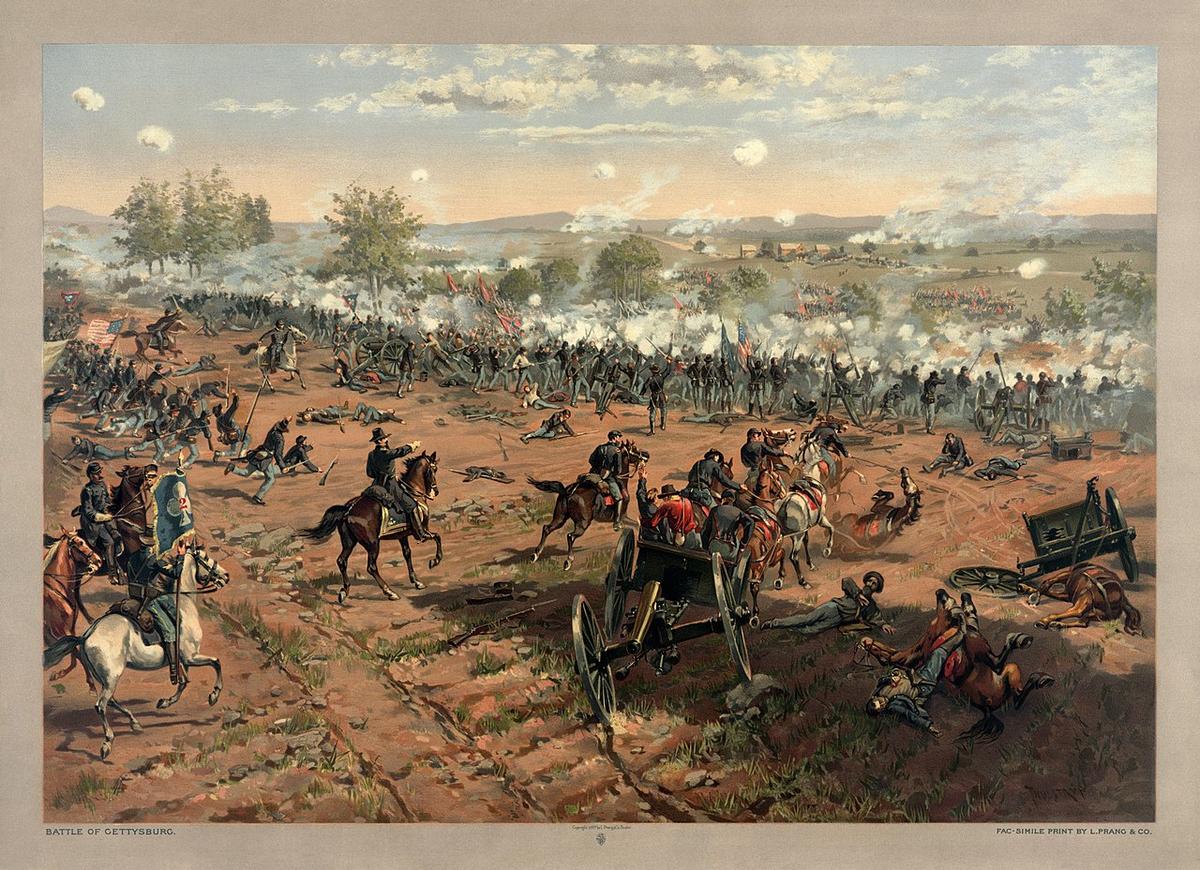The Battle of Gettysburg is discussed in "100 Greatest Battles." Print of the painting "Hancock at Gettysburg" by Thure de Thulstrup, showing Pickett's Charge. (Public Domain)