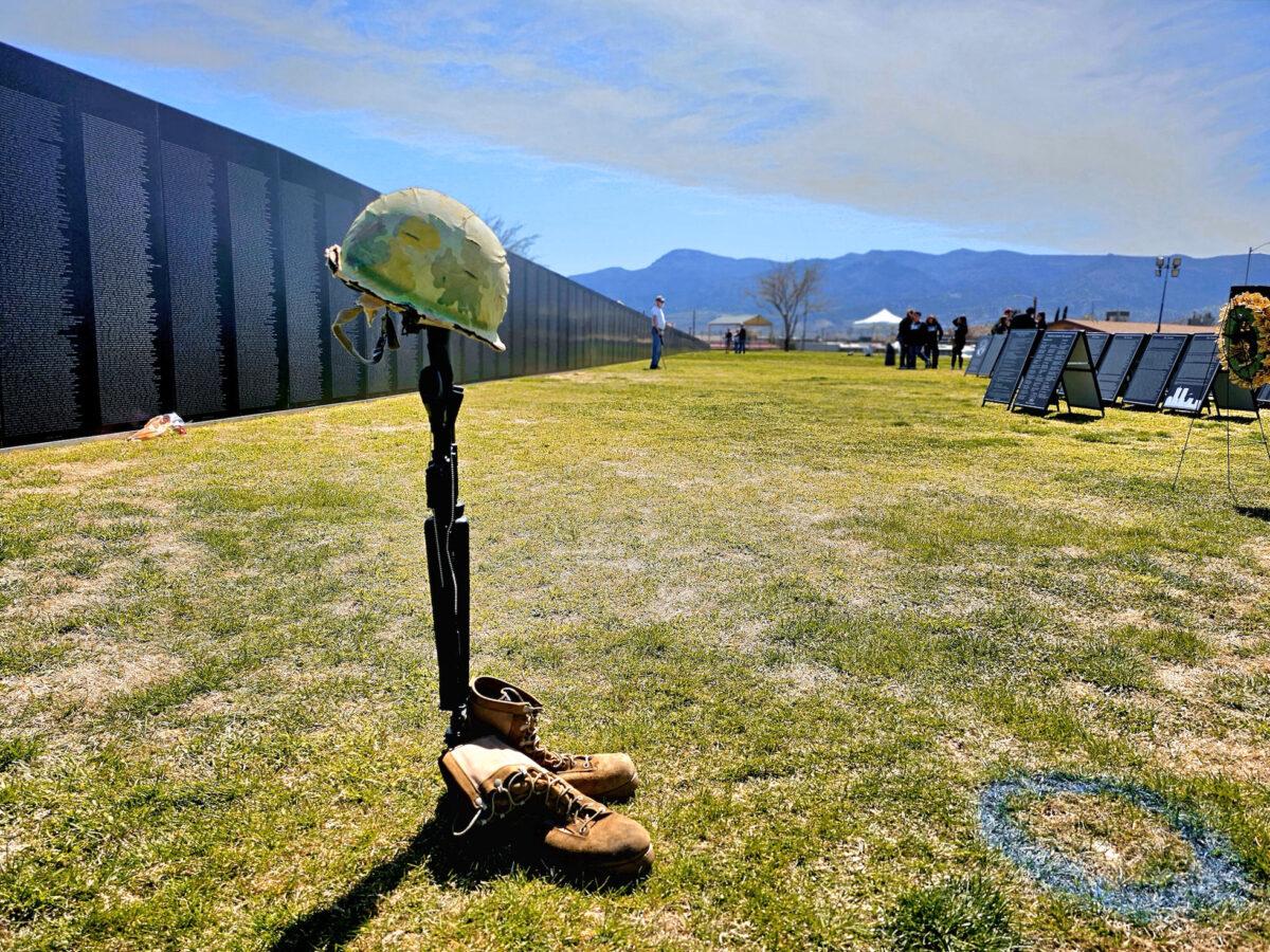 A symbolic homage to U.S. soldiers who died in Vietnam stands before the traveling memorial in Camp Verde, on March 29, 2023. (Allan Stein/The Epoch Times)