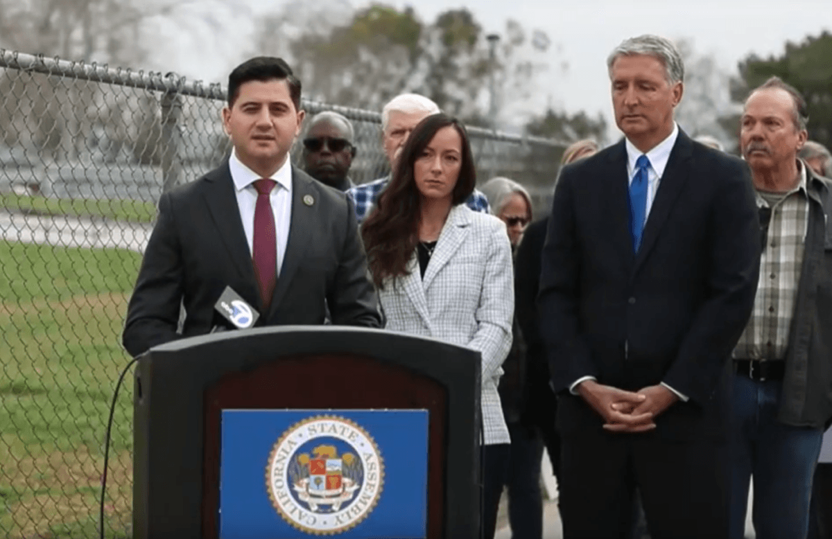 Assemblyman Bill Essayli (R-Corona) speaks at a press conference with supporters about his bill AB 1314 in Jurupa Valley, Calif., on March 13, 2023. (Screenshot via YouTube/Bill Essayli)