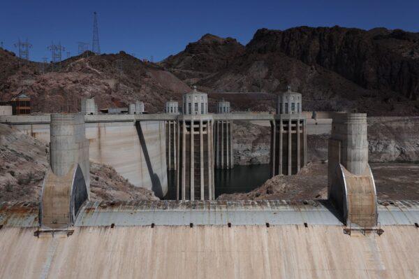 Water intake towers at the Hoover Dam stand next to a dry spillway at Lake Mead in Lake Mead National Recreation Area, Arizona, on Aug. 19, 2022. (Justin Sullivan/Getty Images)