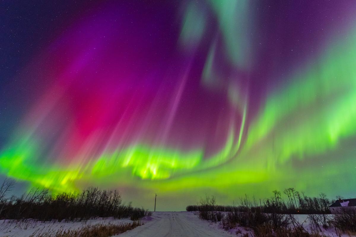 Red, purple, and green auroras seen in the skies north of Saskatoon, Canada. (Courtesy of <a href="https://www.facebook.com/5elementsxposure">Gunjan Sinha</a>)