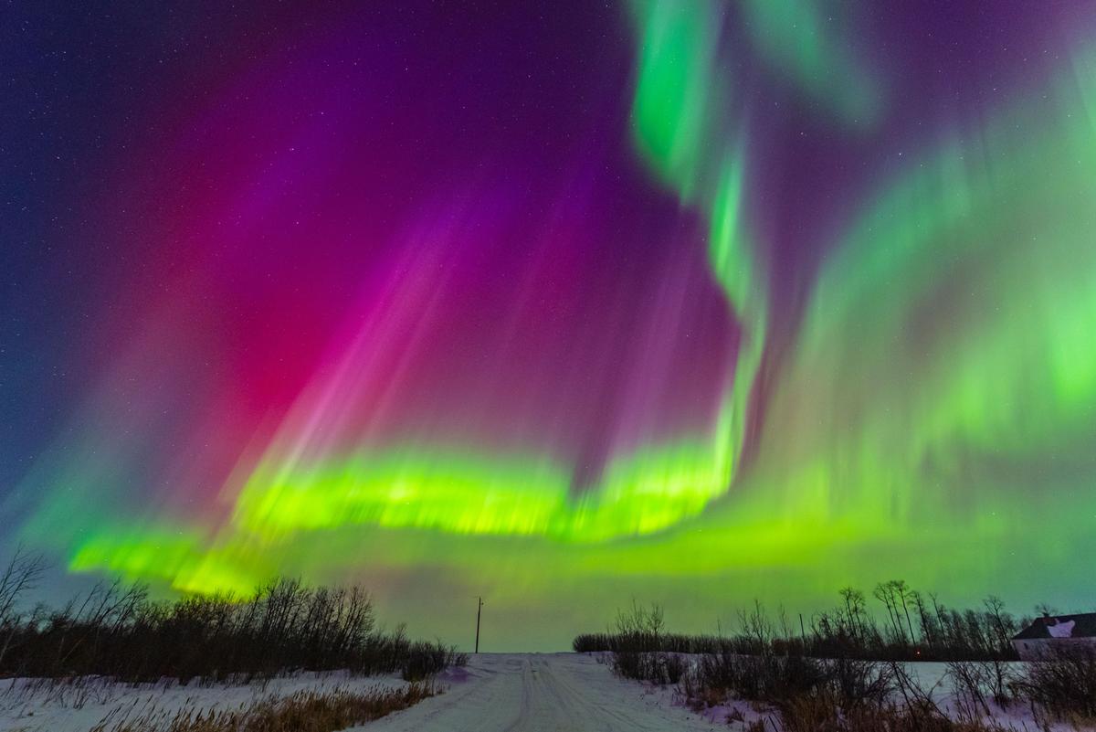Multi-colored auroras light up with reds, pinks, greens, and purples over the skies north of Saskatoon, Canada. (Courtesy of <a href="https://www.facebook.com/5elementsxposure">Gunjan Sinha</a>)