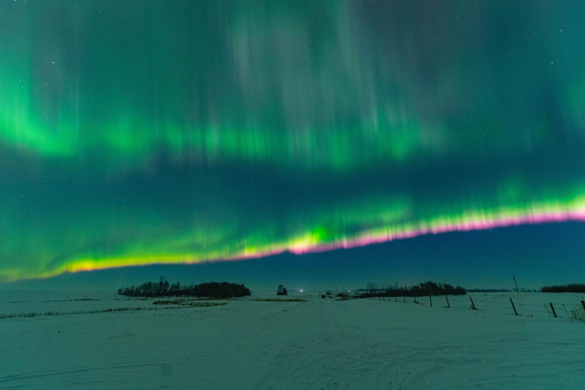 Around midnight local time, looking north, a distinct pink color can be seen along the bottom of an "aurora curtain" hanging over a wintry Saskatchewan prairie landscape. (Courtesy of <a href="https://www.facebook.com/5elementsxposure">Gunjan Sinha</a>)