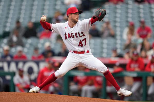 Los Angeles Angels starting pitcher Griffin Canning throws to a Washington Nationals batter during the first inning of a baseball game, in Anaheim, Calif., on April 12, 2023. (Marcio Jose Sanchez/AP Photo)