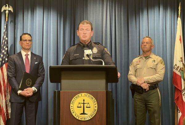 Riverside Police Chief Larry Gonzalez speaks during a press conference in downtown Riverside, Calif., on April 12, 2023. (Jamie Joseph/The Epoch Times)