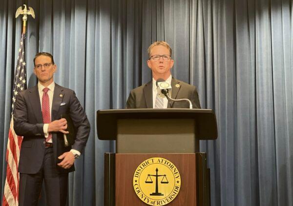Tulare County District Attorney Tim Ward speaks during a press conference in downtown Riverside, Calif., on April 12, 2023. (Jamie Joseph/The Epoch Times)