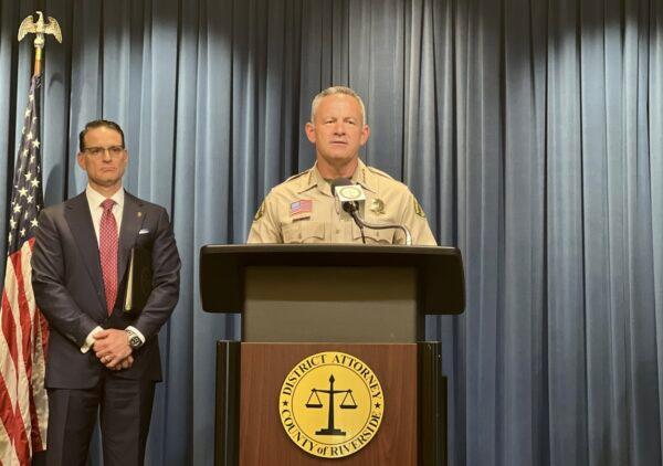Riverside County Sheriff Chad Bianco speaks during a press conference in downtown Riverside, Calif., on April 12, 2023. (Jamie Joseph/The Epoch Times)