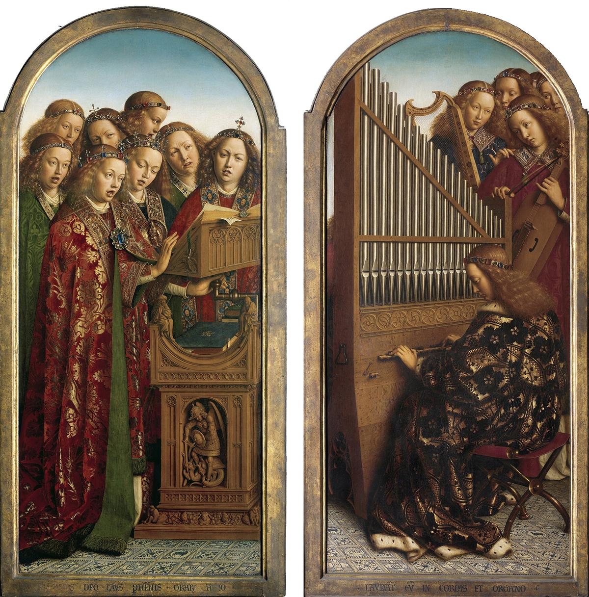 Detail of angels in left and right panels from “Ghent Altarpiece,” 1432, Hubert and Jan van Eyck. Saint Bavo’s Cathedral, Ghent, Belgium. (Public Domain)