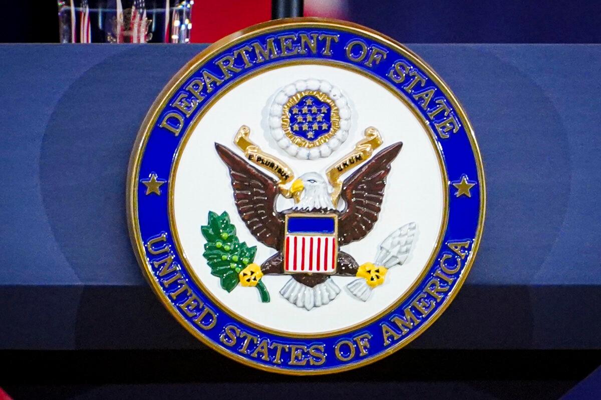 The podium at the State Department in Washington on April 11, 2023. (Madalina Vasiliu/The Epoch Times)