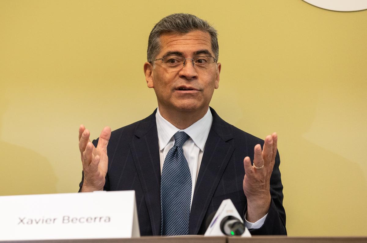 Secretary of the Department of Health and Human Services Xavier Becerra speaks in Orange, Calif., on March 9, 2022. (John Fredricks/The Epoch Times)