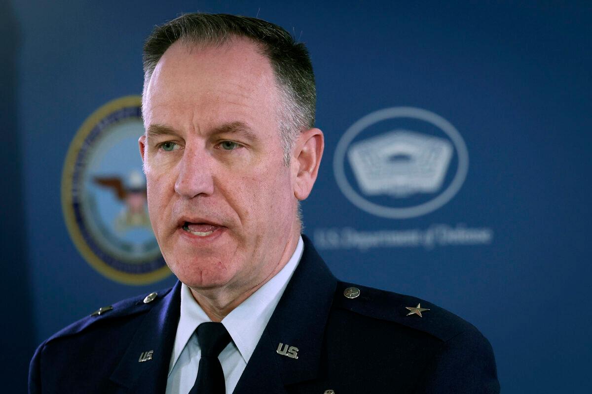 Pentagon spokesman Air Force Brig. Gen. Patrick Ryder answers questions during a briefing at the Pentagon in Arlington, Va., on March 16, 2023. (Win McNamee/Getty Images)