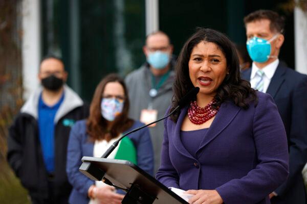 San Francisco Mayor London Breed speaks during a press conference in San Francisco on March 17, 2021. (Justin Sullivan/Getty Images)