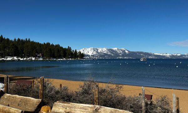 Lake Tahoe’s clear-blue water is seen at Zephyr Cove Marina in Nevada on April 13, 2023. The alpine lake, which straddles northern California and Nevada, was the clearest it has been in 40 years last year, according to a University of California–Davis study. (Jill McLaughlin/The Epoch Times)