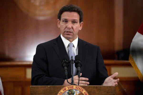 Florida Gov. Ron DeSantis answers questions from the media in the Florida Cabinet following his State of the State address during a joint session of the Senate and House of Representatives at the Capitol in Tallahassee, Florida, on March 7, 2023. (Cheney Orr/AFP via Getty Images)