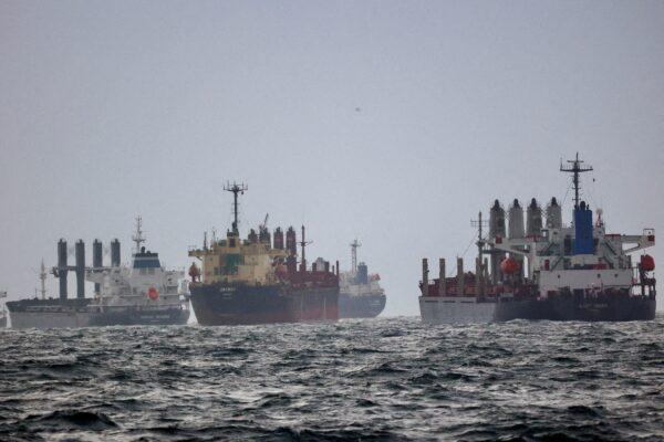 Vessels await inspection under the Black Sea Grain Initiative, brokered by the U.N. and Turkey, in the southern anchorage of the Bosphorus in Istanbul on Dec. 11, 2022. (Yoruk Isik/Reuters)