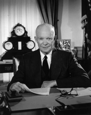 President Dwight D. Eisenhower, in his televised farewell address, warns against the "military-industrial complex." (Public Domain)