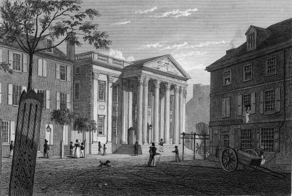 Engraving by Fenner Sears & Co. shows the First Bank of the United States which was Alexander Hamilton's brainchild, in Philadelphia, 1831. (Kean Collection/Getty Images)
