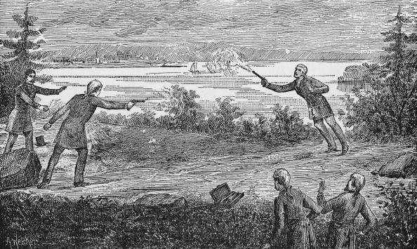 Aaron Burr (L) fatally wounds Alexander Hamilton during a duel in Weehawken, New Jersey, in 1804. (Kean Collection/Getty Images)