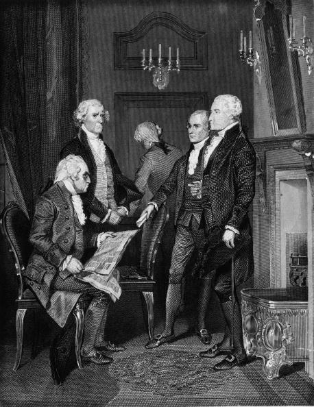 Members of Washington's first presidential cabinet: (L–R) Members of Washington's first presidential cabinet and Secretary of War Henry Knox, Secretary of State Thomas Jefferson, Attorney General Edmund Randolph, and Secretary of the Treasury Alexander Hamilton. (MPI/Getty Images)