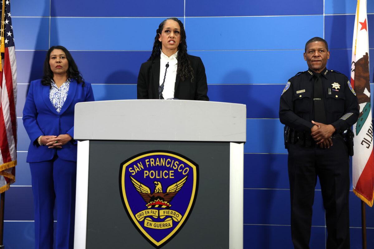 San Francisco district attorney Brooke Jenkins (C) speaks during a press conference with San Francisco Mayor London Breed (L) and San Francisco police chief William Scott (R) at San Francisco Police headquarters in San Francisco, Calif., on April 13, 2023. (Justin Sullivan/Getty Images)