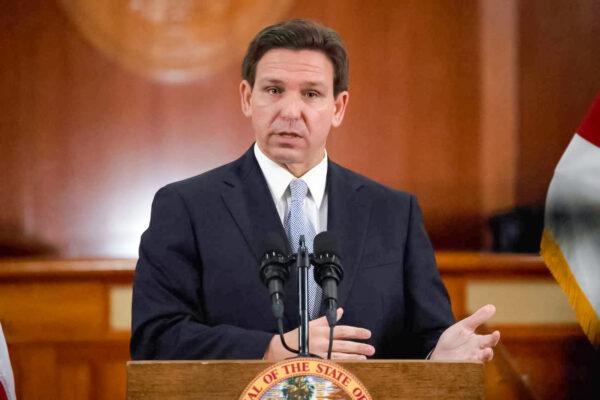 Florida Gov. Ron DeSantis answers questions from the media in the Florida Cabinet following his State of the State address during a joint session of the Senate and House of Representatives, at the Capitol in Tallahassee, Florida, on March 7, 2023. (Cheney Orr/AFP via Getty Images)