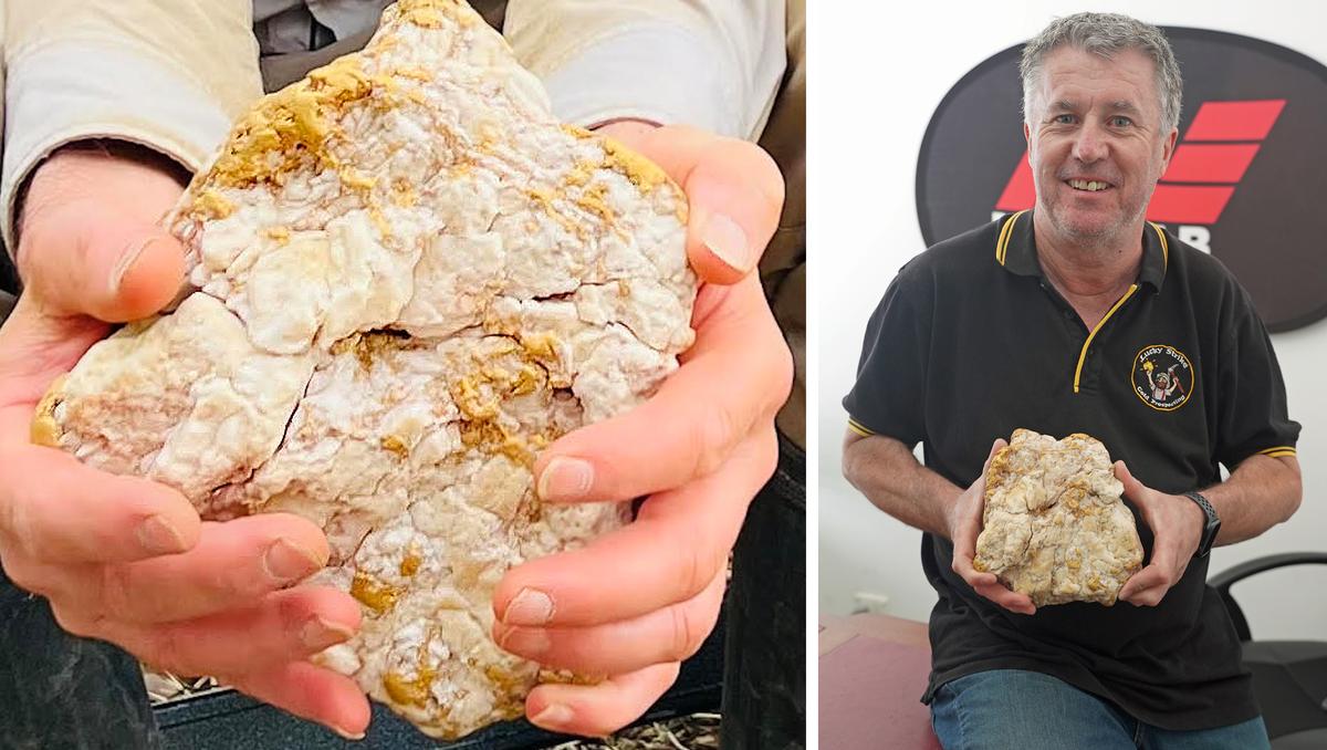 (Left) A massive 10.14-pound (4,600-gram) gold specimen found by an anonymous amateur detectorist in Victoria's "golden triangle," Australia, in March; (Right) Darren Kamp, operator of Lucky Strike Gold Prospecting, holds the huge gold nugget. (Courtesy of <a href="https://www.facebook.com/luckystrikegold">Lucky Strike Gold</a>)