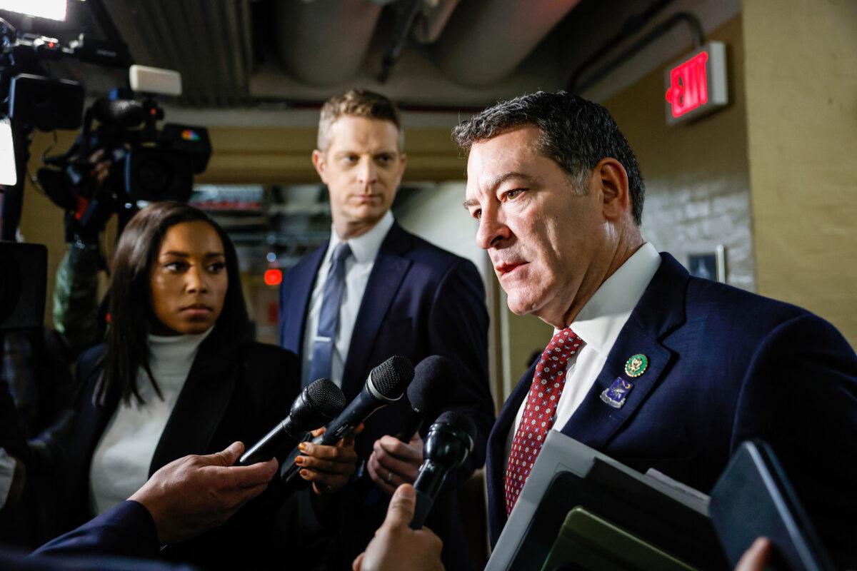 Rep. Mark Green (R-Tenn.) speaks to reporters after being elected to be the chairman of the House Homeland Security Committee in a House Republican Steering Committee meeting at the U.S. Capitol Building in Washington on Jan. 9, 2023. (Anna Moneymaker/Getty Images)