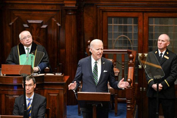 U.S. President Joe Biden addresses the Irish Parliament at Leinster House in Dublin on April 13, 2023. (Kenny Holston/POOL/AFP via Getty Images)