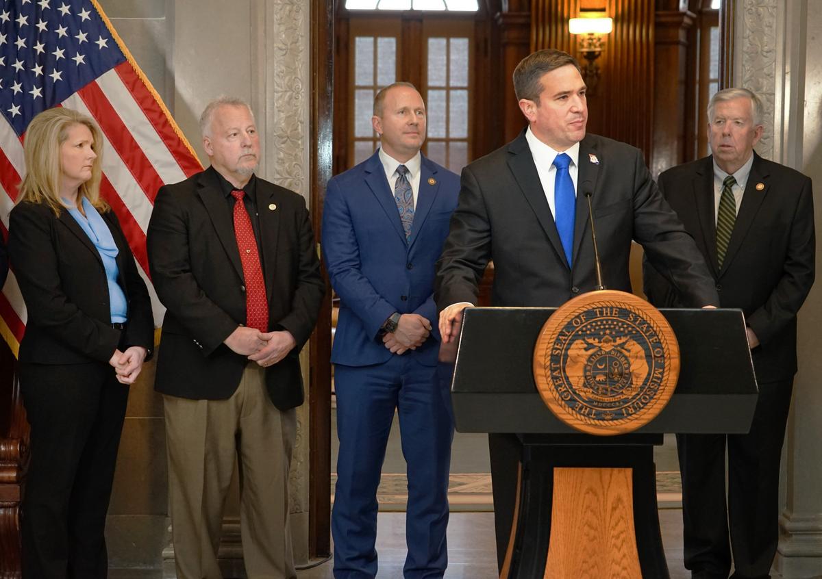Missouri Attorney General Andrew Bailey (2nd R) speaks at a news conference with Gov. Mike Parson (R) on Feb. 24, 2023. (Courtesy of the Missouri Governor's Office)