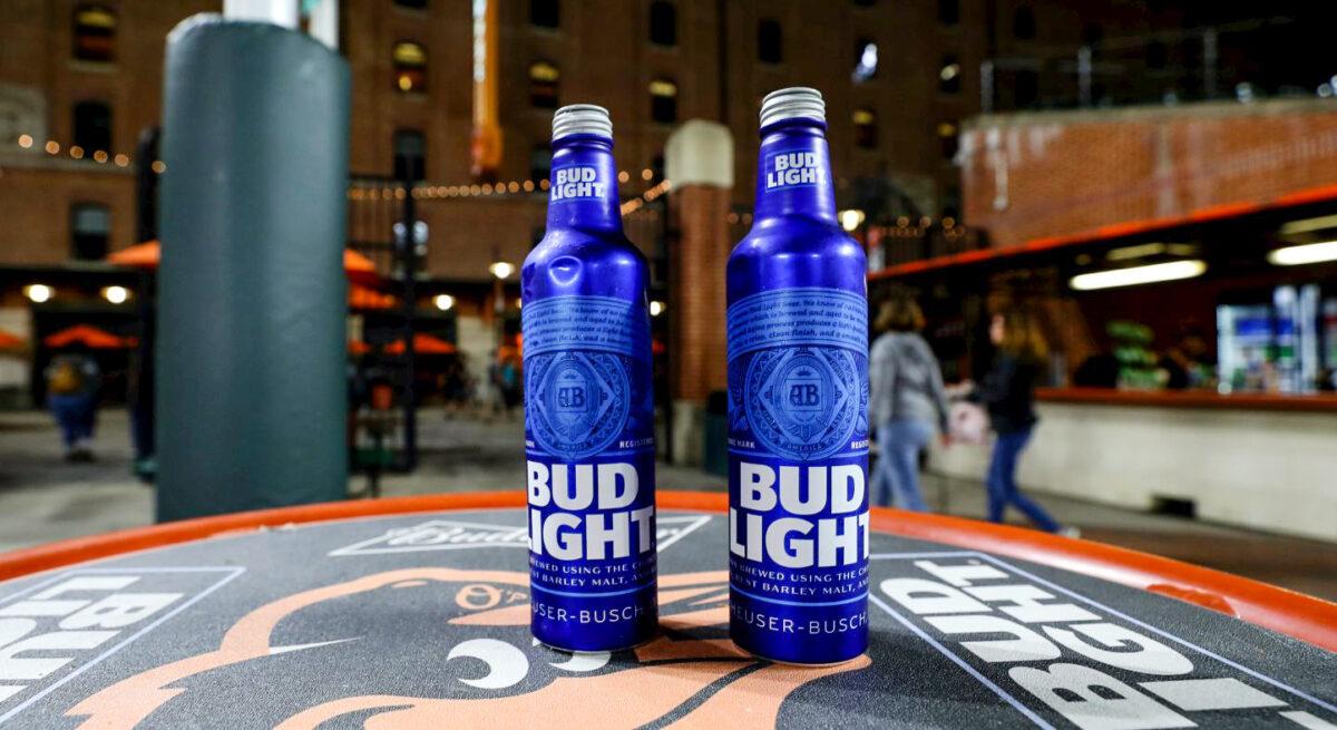 Bud Light beer cans sit on a table in right field during the Baltimore Orioles and Toronto Blue Jays game at Oriole Park at Camden Yards in Baltimore, Md., on Sept. 19, 2019. (Rob Carr/Getty Images)