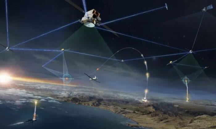 Illustration of defense forces using satellite tracking to deploy surface-to-air missiles. (Courtesy Space Development Agency)