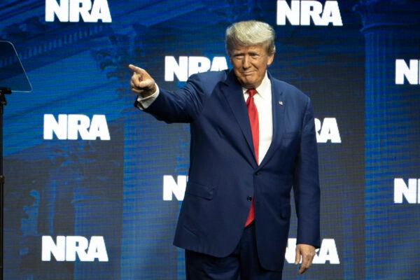 Former President Donald J. Trump speaks at the National Rifle Association in Indianapolis, Ind., on April 14, 2023. (Madalina Vasiliu/The Epoch Times)