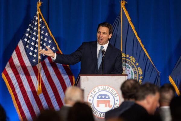 Florida Gov. Ron DeSantis, a Republican, delivers remarks during the New Hampshire GOP's Amos Tuck Dinner in Manchester, N.H., on April 14, 2023. (Scott Eisen/Getty Images)