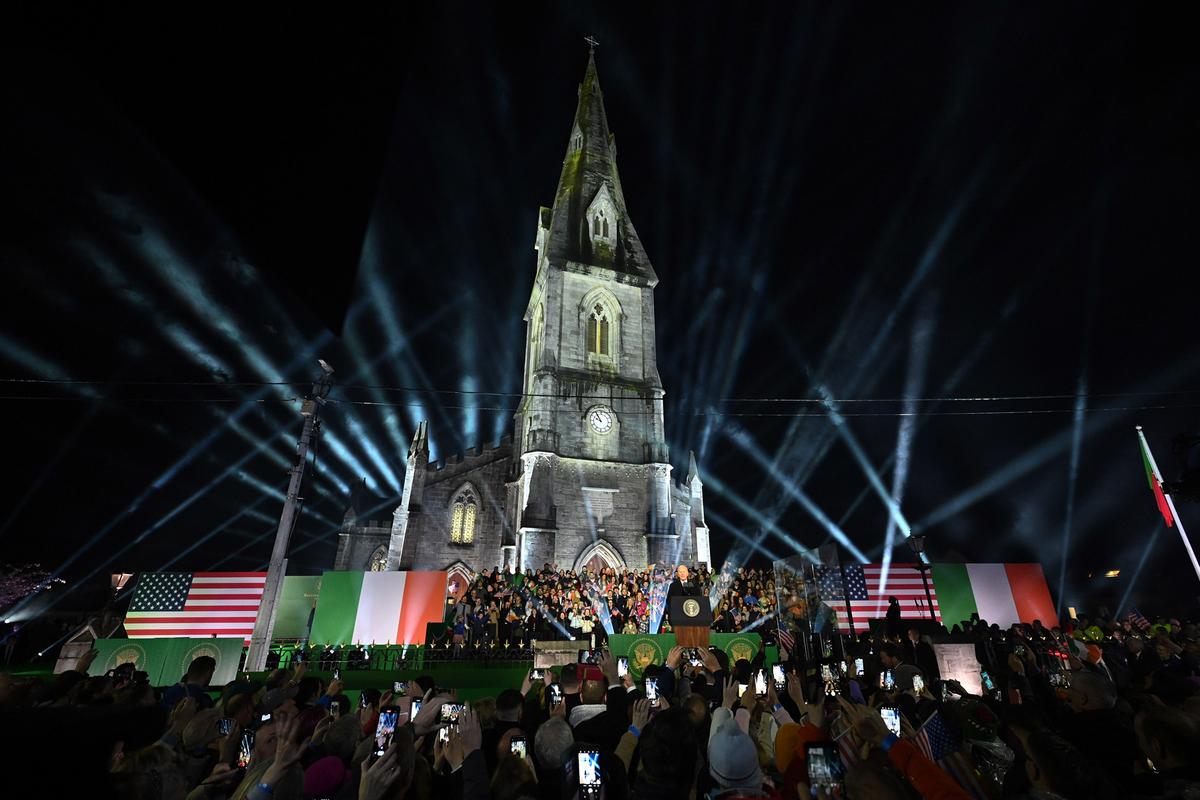 President Joe Biden speaks to the crowd during a celebration event at St. Muredach's Cathedral in Ballina, Ireland on April 14, 2023. (Leon Neal/Getty Images)