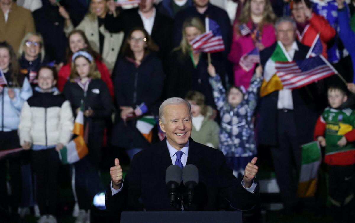 U.S. President Joe Biden speaks to the crowd during a celebration event at St. Muredach's Cathedral in Ballina, Ireland, on April 14, 2023. (Julien Behal/Irish Government via Getty Images)