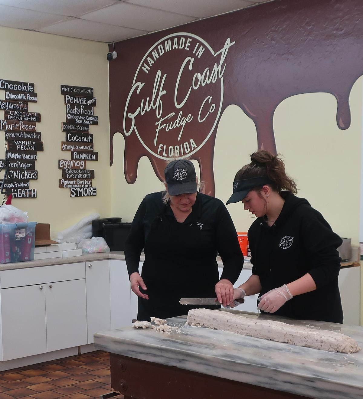 Fudge-makers at the Gulf Coast Fudge Co. create tasty treats for visitors to the World's Largest Shell Store in Bonita, Florida. (Photo courtesy of Victor Block)