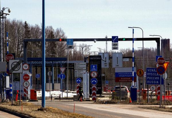 A Russian border crossing point in Svetogorsk, as seen from Pelkola, Finland, on April 14, 2023. (Janis Laizans/Reuters)