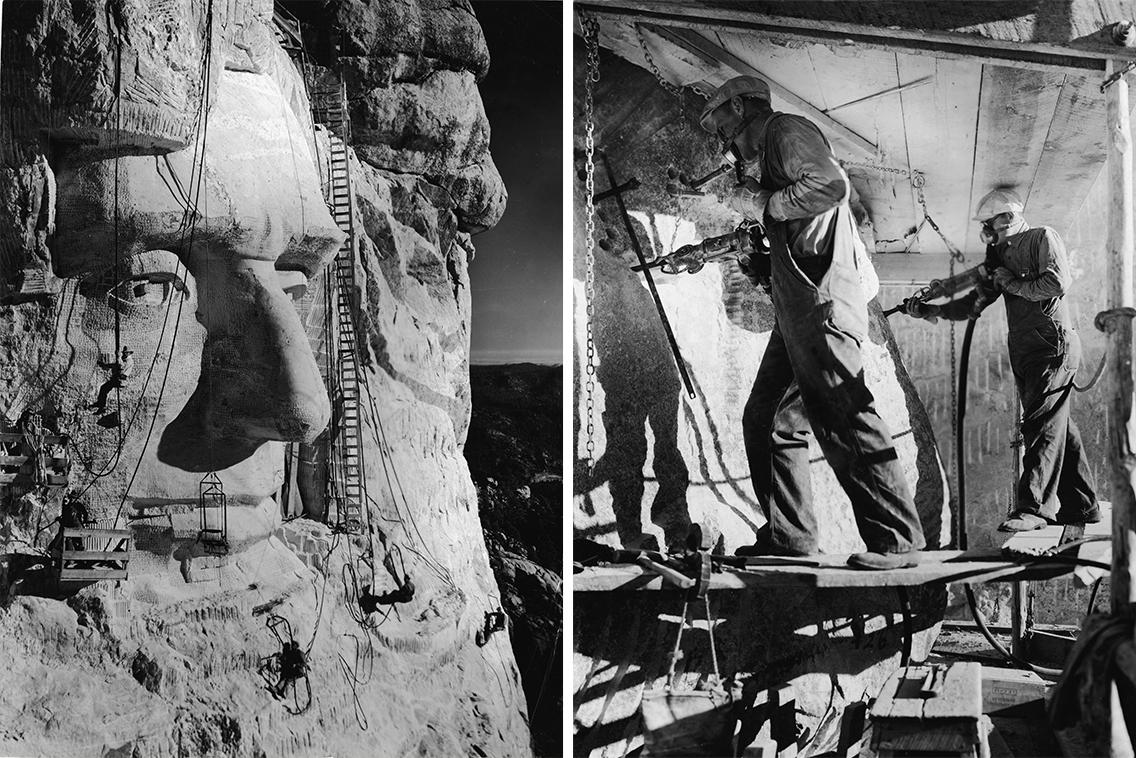 (Left) American sculptor Gutzon Borglum and several of his crew working at Mount Rushmore. (Frederic Lewis/Getty Images); (Right) Workers carve the eyes of President Theodore Roosevelt with air hammers during the construction of Mount Rushmore. (Frederic Lewis/Getty Images).
