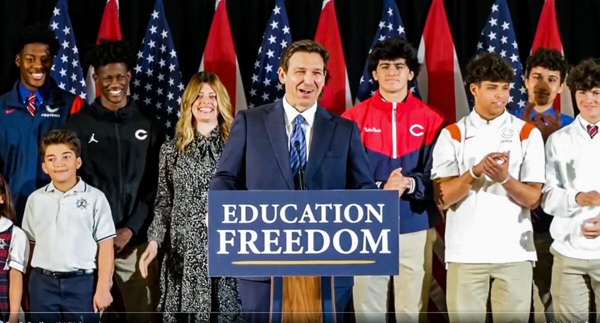 Florida Gov. Ron DeSantis at the signing of the state's universal school-choice bill at Christopher Columbus High School in Miami on March 27, 2023. (Courtesy of the Florida Governor's Office.)