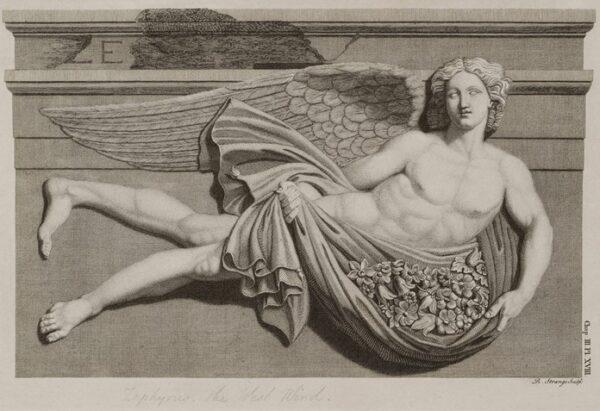 Brother Wind balances the feminine qualities of Mother Earth. Engraving of West Wind Zephyrus. (Public Domain)